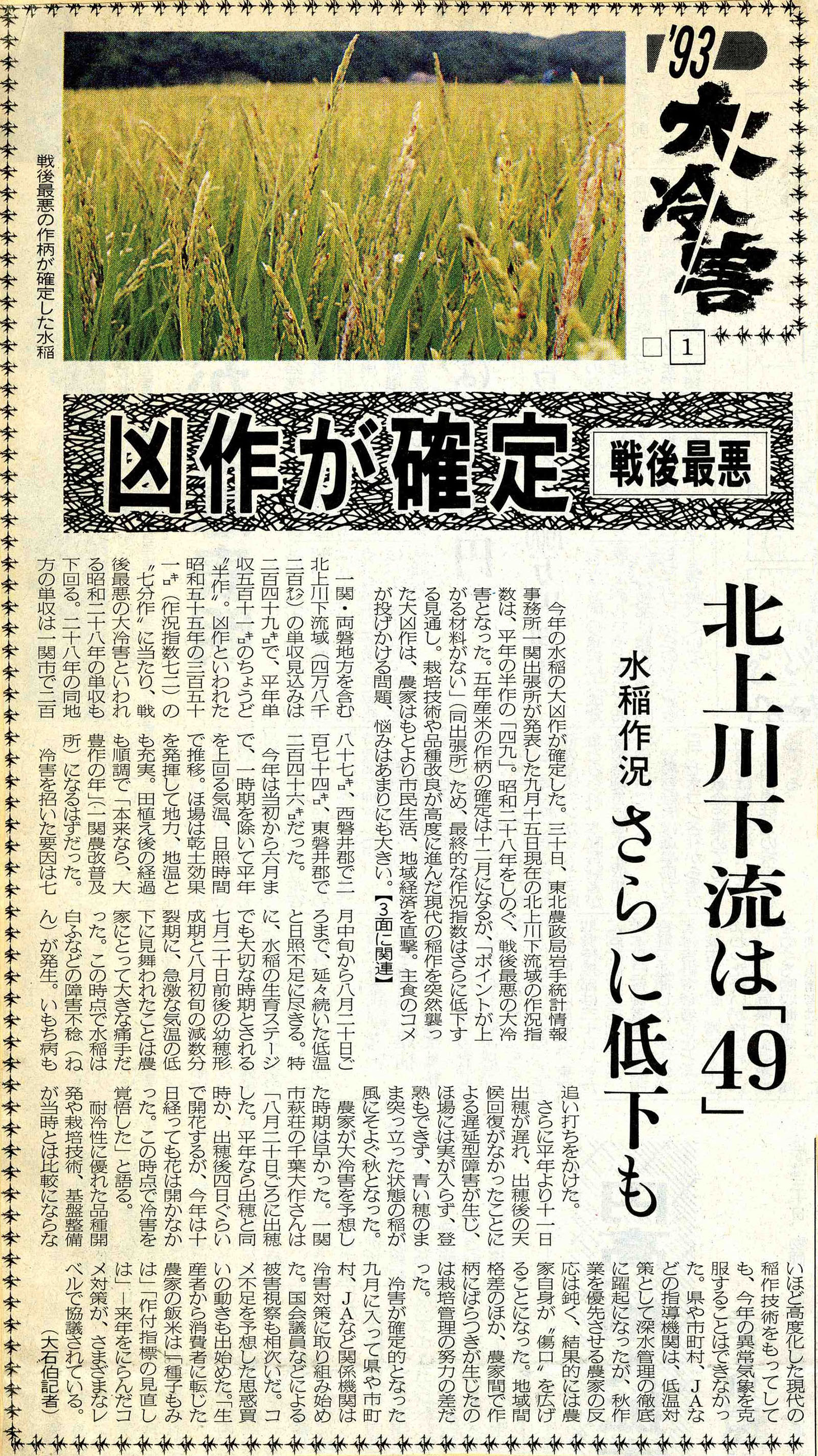 記者回顧編】平成５年 大冷害｜Iwanichi Online 岩手日日新聞社